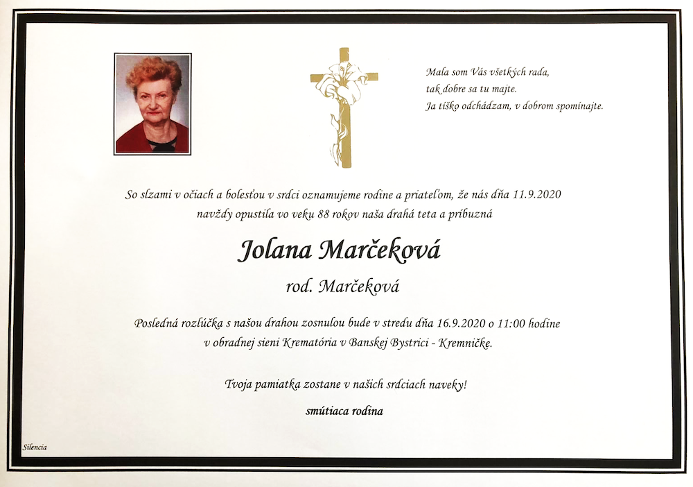 Navždy nás opustila Jolana Marčeková Navždy nás opustila Jolana Marčeková